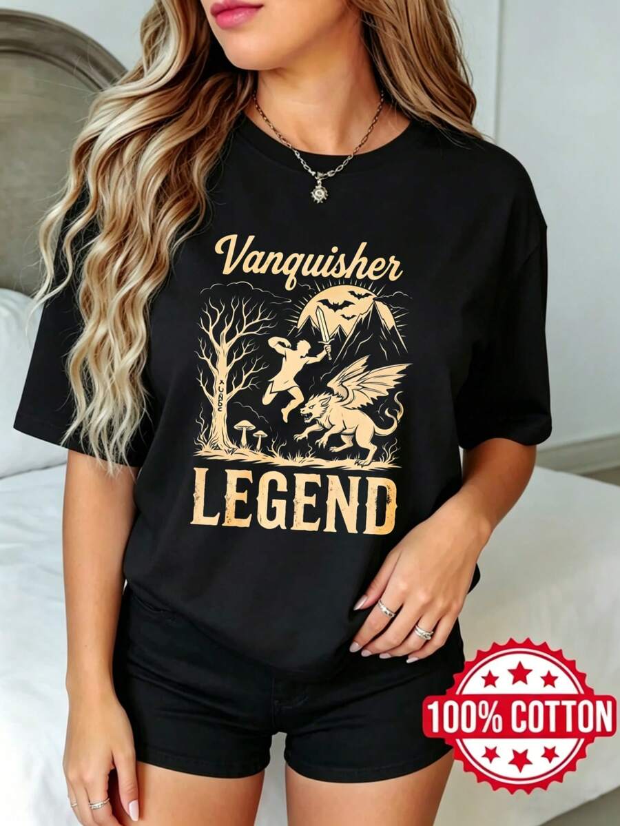 Women's Summer Black Short Sleeve T-Shirt With Round Neck And Print, Casuaanquisher Legend Dragon Warrior Tree S-3XL Fashion 100% Cotton - 黑色 - 查看 1