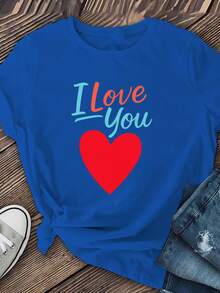 Classic Short-Sleeved T-Shirt For Women With An 'I Love You' Print, Perfect For Spring And Summer. It's An Ideal Choice For Lounging At Home, Vacations, Or Casual Wear On Campus. A Bestseller. - 藍色 - 查看 3