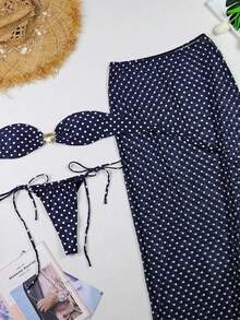 Elegant And Sensual Polka Dot Three-Piece Bikini Set For Women - Blue - View 2