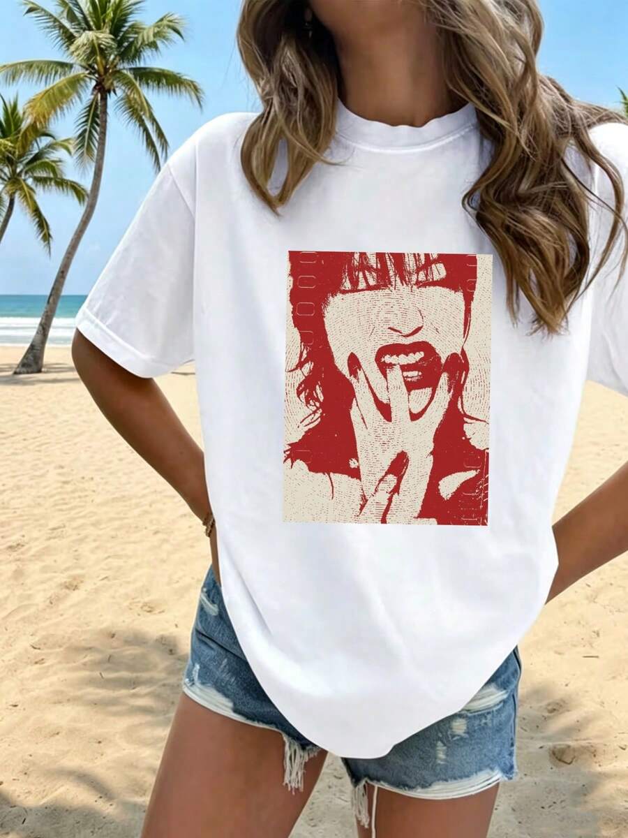 Camiseta de Mujer 2026, Nueva Camiseta de Verano con Cuello Redondo y Estampado Estilo Rock, Contraste Rojo y Blanco, Estampado de Carácter Expresivo, Seda de Leche Doble Cepillada, Cómoda y Transpirable, Versátil para Uso Diario, Viajes al Trabajo, Casual, Efecto Adelgazante, Top Multicolor. - Blanco - Ver 1