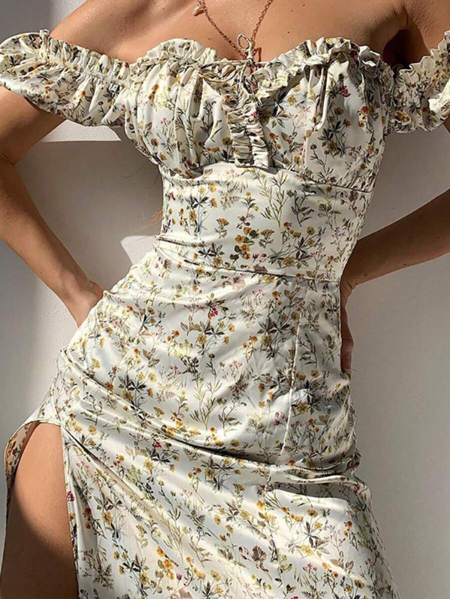 Women's Elegant European-Style Spring Maxi Dress With Floral Print, Ruffles, And High Slit. - Apricot - View 1