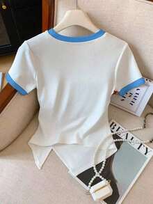 Everyssa Camiseta de verano casual de unicolor, cuello redondo, manga corta, versátil, para uso casual y de negocios, camiseta básica para mujer, camiseta lisa para mujer S3433 de ropa de mujer - Blanco 4 - Ver 2