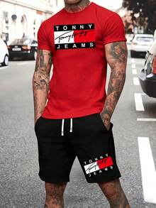 Bold Red And White Signature Block Represents Freedom Strength And Confidence Perfect For Expressing Passionate Spirit In Daily Wear For Summer Gifts Featuring 2pcs Set Comfortable Fit Fashionable Look TShirt And Shorts Set For Men Everyday Casual Wear And Logo X Details - 紅色 - 查看 1