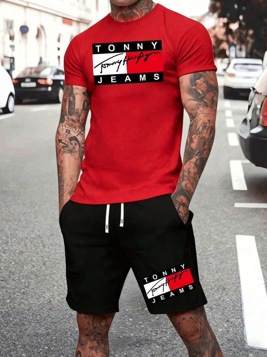 Bold Red And White Signature Block Represents Freedom Strength And Confidence Perfect For Expressing Passionate Spirit In Daily Wear For Summer Gifts Featuring 2pcs Set Comfortable Fit Fashionable Look TShirt And Shorts Set For Men Everyday Casual Wear And Logo X Details - 紅色 - 查看 1