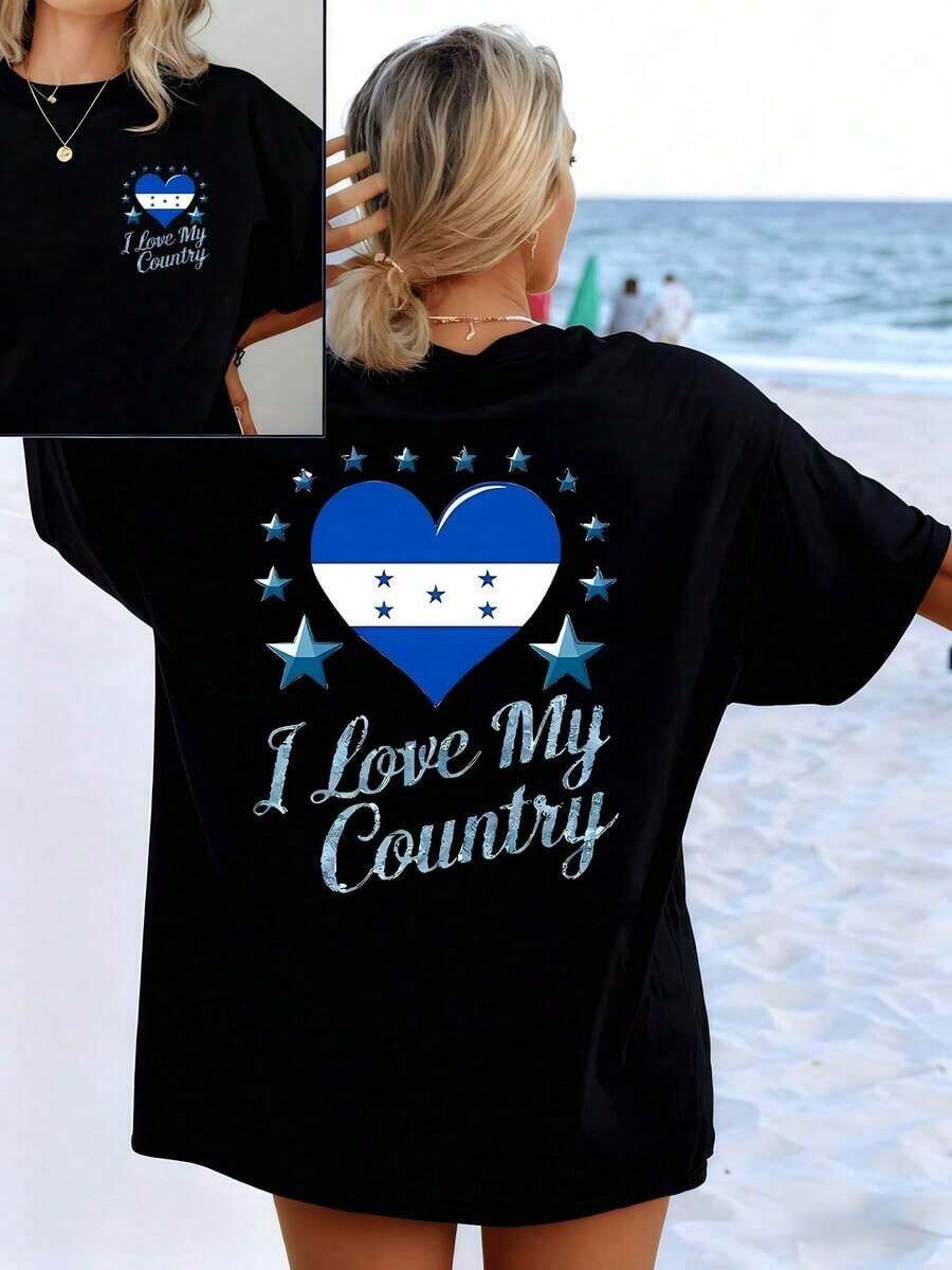 Women's Top: Blue Heart With Stars Symbolizing National Pride And Love For The Homeland, Accompanied By The English Text "I Love My Country". Casual Red Women's T-Shirt. 2026 - 黑色 - 查看 1