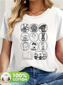 1pc blusas de mujer blusas bonitas para mujeres ropa de mujer conjuntos para mujer Imagen 31 Minutos camiseta 180g negro y blanco patrón estampado de personajes animados impresión de algodón de alta calidad cuello redondo corte básico holgado hombres y mujeres transpirable versátil lavable a máquina cómoda talla S ~ 3XL diario casual deportivo imprescindible para el veranoblusas para mujer - Blanco - Ver 1