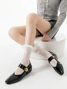 1 Pair Spring/Summer Thin Korean & Japanese Style Lace Ruffle Socks, Sweet Bowknot Leg Warmers For Girls - Multicolor - View 11