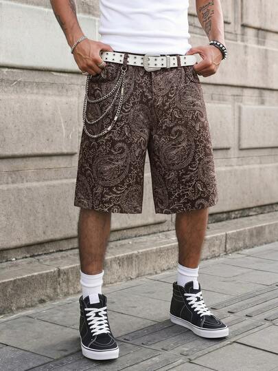 1Pc Men's Printed Jacquard Loose Denim Shorts, Summer Street Casual Short Men Jorts