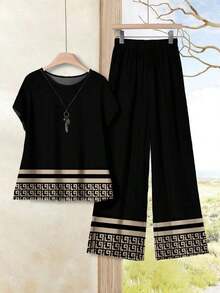 Set de 2 piezas de top de cuello redondo holgado y pantalones de pierna ancha para mujer, conjunto versátil casual para primavera/otoño, conjunto de pantalones y top casual para vacaciones - Multicolor 5 - Ver 1