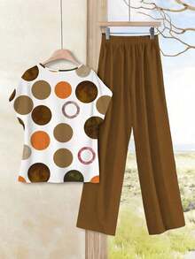 Set de 2 piezas de top de cuello redondo holgado y pantalones de pierna ancha para mujer, conjunto versátil casual para primavera/otoño, conjunto de pantalones y top casual para vacaciones - Multicolor 6 - Ver 2