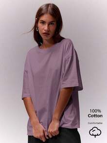 Camiseta de cuello redondo suave y oversize, parte de un armario cápsula casual, camiseta oversize para uso diario, aeropuerto, vuelta al colegio, elegante para primavera y verano, vacaciones - Púrpura malva - Ver 7