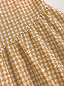 Vestido casual de mujer con cuello de barco, sin mangas, con estampado de cuadros, espalda descubierta, contraste de color, lazo en la cintura y silueta evasé, para primavera/verano - Amarillo - Ver 4