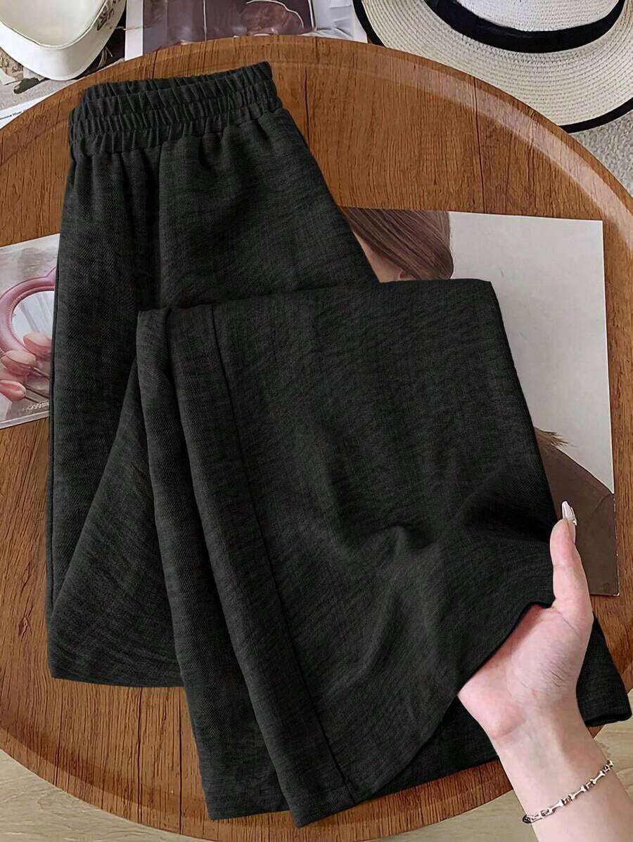 Pantalones de pierna ancha de unicolor versátiles y casuales para mujeres - Gris - Ver 1