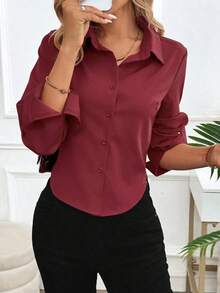 Blusa de unicolor informal para mujer para usar en el trabajo/diario, primavera-verano, con mangas largas - Burdeos - Ver 6