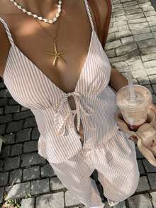 Conjunto informal de 2 piezas con top de tirantes con nudo delantero y rayas y pantalones para mujer - Rosa vieja - Ver 7