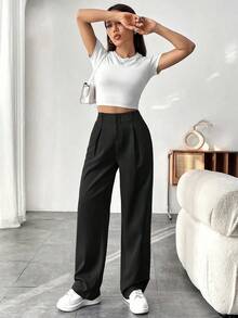 Pantalones De Corte Relajado Con Pierna Recta Plisada De Color Liso Para Mujer - Negro - Ver 3