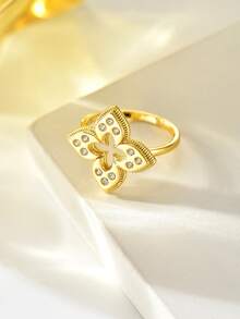 1 pieza Anillo abierto ajustable con flor de cuatro hojas hueca incrustada con piedra de circonita de cobre, estilo minimalista de moda, accesorio versátil para uso diario, regalo de vacaciones para mujeres - Multicolor - Ver 6