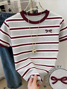 RCamiseta casual de mujer de cuello redondo con estampado gráfico de rayas y bloques de color - Gris 2 - Ver 6