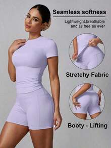 Conjunto deportivo de verano para mujer de unicolor simple con pantalón corto y manga corta - Morado - Ver 12
