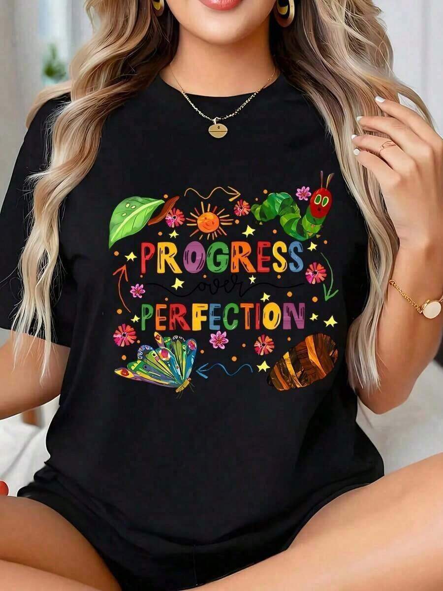 Casual Wear Teacher T-Shirt For The First Day Of School, Retro Teaching T-Shirt, Women's Casual Short Sleeve Crew Neck T-Shirt With Inspirational Educational Quotes Design, Everyday Outfit, Bohemian Blouses For Women>Shirt - 黑色 - 查看 1