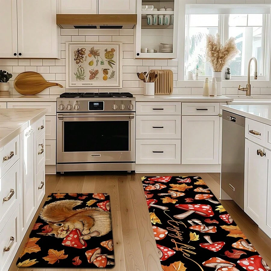 1pc Squirrel Pattern Printed Linen Kitchen Rug, Doormat, Bath Mat, Hallway Mat, 3D Printed Rectangle Carpet For Living Room, Bedroom, Corridor, Bathroom, Laundry Room - Polyester Rug For Indoor And Outdoor Home Decor - Multicolor - View 1