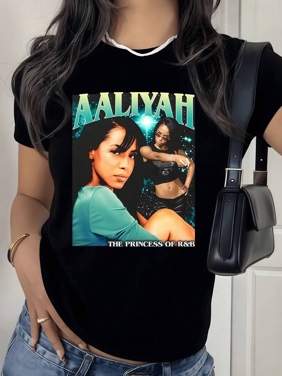 Retrato artístico con fondo de estrellas que simboliza la fuerza femenina la conexión con la música y la belleza interior camiseta de mujer casual moderna cómoda para uso diario - Negro - Ver 1