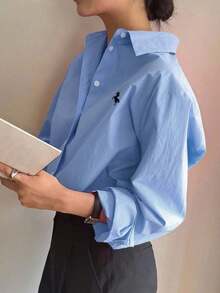 Camisa holgada de mujer de unicolor, de manga larga y de abotonadura sencilla - Azul - Ver 6