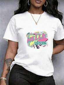 Women's T-Shirt With Tropical Print Featuring HELLA COOL Text And Geometric Shapes, Short Sleeves, Round Neck, Plus Size Top, In A  Urban Retro Style, Casual Short Sleeves, Versatile Casual Round Neck, Suitable For Training And Casual Wear, Everyday Casual Wear, Washable, Comfortable, Soft And Breathable - 白色 - 查看 11