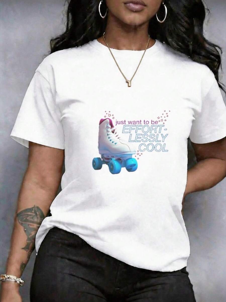 Women's T-Shirt With Heart Print, Floral And Roller Skate Print, Text And Stars, Short Sleeve, Round Neck, Plus Size Top, New Design In Elegant Casual Style, Sporty Casual, Fashionable For Leisure, For Casual Use, Comfortable Soft And Breathable Garment That Absorbs Sweat, Red Round Casual Soft Tailoring - 白色 - 查看 1