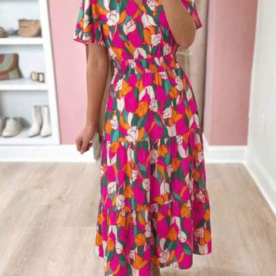 Bohemian Style Rose Print Short Sleeve Low Waist Dress Pink Vacation Summer Elegant - Multicolor - Ver 1