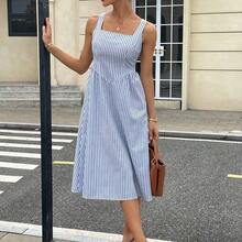 Women Striped Print Square Neck Sleeveless Mid-Calf Summer Dress Vacation Casual Blue Holiday Resort - Rosa vieja - Ver 8