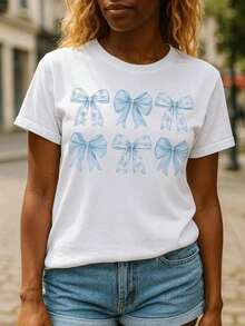 Camiseta de manga corta con cuello redondo de algodón suave para mujer Vian Lanman, diseño gráfico de lazo de encaje azul. Camisa rosa suave para mujer, casual, 100% algodón. - Blanco - Ver 6