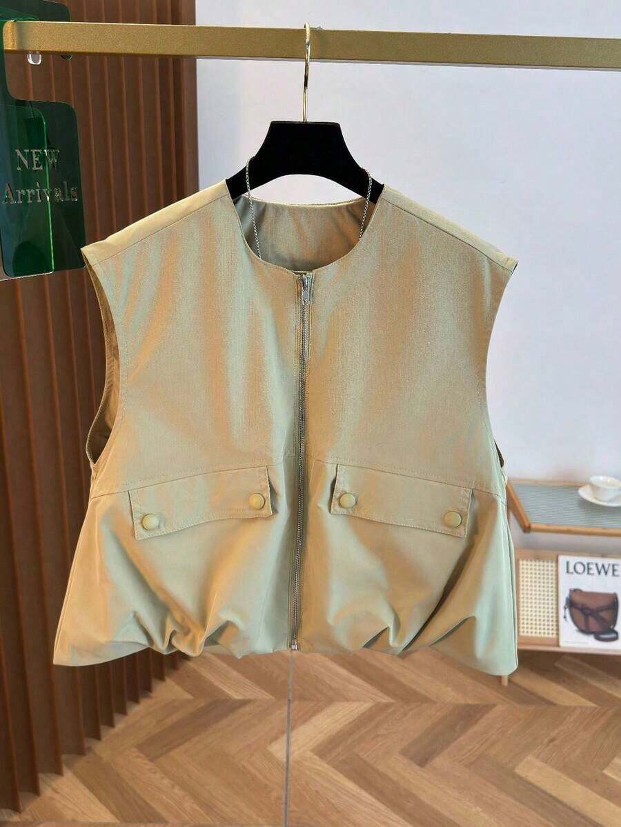Chaleco corto sin mangas para mujer, con dobladillo de burbuja de unicolor fresco de otoño, cuello redondo con cremallera, de moda y versátil, ajustado negro de verano - Verde - Ver 1