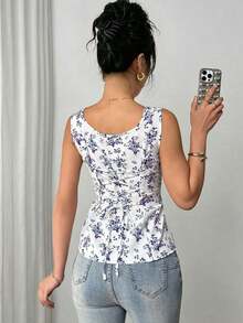 Camisa sin mangas para mujer con cuello mao y corbata plegable de tela estampada - Morado - Ver 2