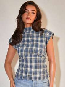 Blusa plisada con cuello para mujer, elegante para la oficina, artículo de moda versátil, adecuado para el trabajo, salidas casuales, fiestas, con estampado de cuadros marrones - Azul 2 - Ver 6