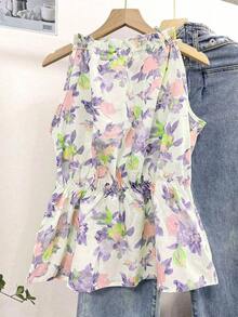 Blusa casual versátil de uso diario con estampado floral y pliegues para mujer - Verde - Ver 1