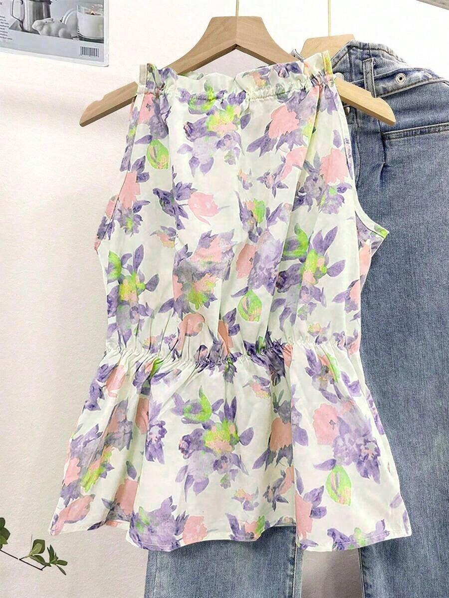 Blusa casual versátil de uso diario con estampado floral y pliegues para mujer - Verde - Ver 1