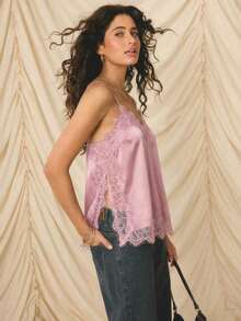 -E Elegante conjunto de vacaciones para mujer con top de tirantes finos, ajuste ceñido, de satén beige con ribete de encaje - Rosa - Ver 7