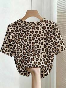 Camiseta de manga corta con cuello redondo ajustado, con cuentas y acanalada, elegante para mujeres - Caqui - Ver 2