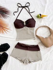 2 piezas Conjunto de camiseta de tirantes y pantalones cortos de punto a rayas con hebilla de metal, estilo casual de vacaciones, adecuado para fiesta, San Valentín, cita, discoteca, bohemio, vacaciones, otoño, ropa de mujer, vintage, días fest - Multicolor 9 - Ver 7