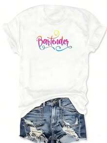 Camiseta de cuello redondo con estampado gráfico de letras de guión en estilo tropical de bar y restaurante de camarero, camiseta casual de manga cortarrimavera y verano, ropa de mujer talla grande - Blanco - Ver 2