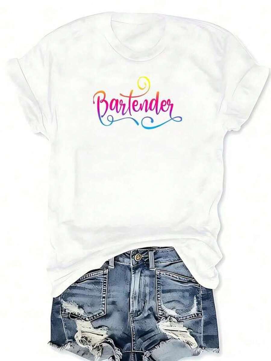 Camiseta de cuello redondo con estampado gráfico de letras de guión en estilo tropical de bar y restaurante de camarero, camiseta casual de manga cortarrimavera y verano, ropa de mujer talla grande