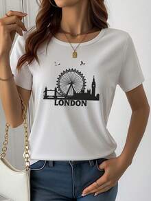 Women's Hot Summer Blouse With London Skyline Print, Women's T-Shirt, Casual Style, Fashionable, Versatile, Pure Cotton Short Sleeve, For Daily Wear, Sports, Dates - 白色 - 查看 1