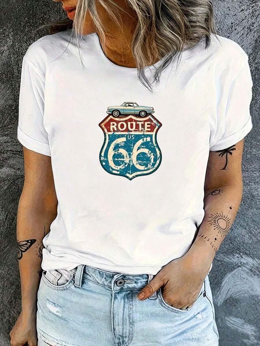 Camiseta de algodón 100% puro para mujer, con estampado clásico, manga corta, cuello redondo, estilo casual de verano, longitud regular, adecuada para primavera, verano y otoño. - Blanco - Ver 1