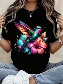 Camiseta de manga corta para mujer, cuello redondo, informal, color blanco, con estampado de colibrí y flor de hibisco, ropa de verano para uso diario. - Negro - Ver 7