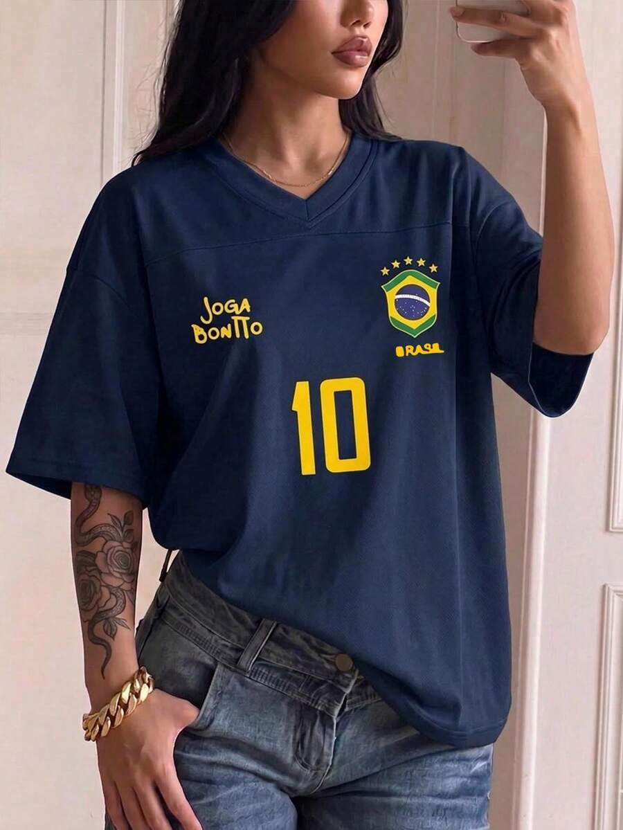 Women's Short Sleeve V-Neck Fitted T-Shirt With Numeric Graphic, Slightly Stretchy, Casual Top