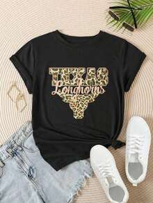 Camiseta Casual de Moda para Mujer con Diseño Estampado de Texas Leopard Longhorns, Adecuada para Todas las Temporadas  
 Negro - Negro - Ver 2