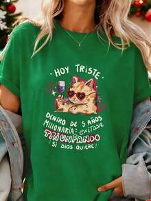 short-sleevePlayera minimalista moderna.Camiseta de algodón suave de talla grande para mujer con diseño gráfico de gato y vino, motivo de sueño de millonario.Vestidos de mujer a la moda para el verano, casuales, perfectos para todas las estaciones. Camisa de mujer, casual, 100% algodón. - Verde - Ver 6