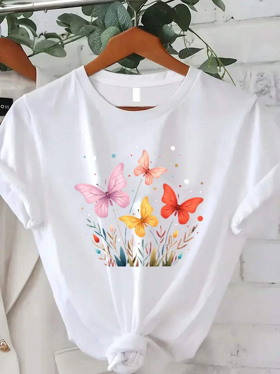 Camiseta Clásica de Talla Grande para Mujer con Estampado de Jardín de Mariposas - Top casual de manga corta y cuello redondo, con un vibrante diseño floral y de mariposas, ideal para usar en verano y otoño, un excelente regalo para el Día de Acción de Gracias, Navidad o Año Nuevo. Éxito de . - Blanco - Ver 1