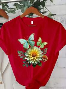 Camiseta Clásica de Talla Grande para Mujer con Estampado de Mariposas - Top Casual de Manga Corta y Cuello Redondo, Suave y Cómoda, Adecuada para Usar en Verano y Otoño, Regalo Ideal para Acción de Gracias/Navidad/Año Nuevo, Éxito de - Rojo - Ver 7